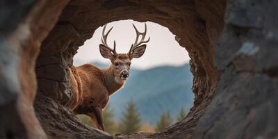 cute deer coming through crack hole in solid color background with copy space. photo