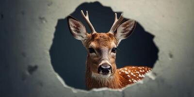 cute deer coming through crack hole in solid color background with copy space. photo