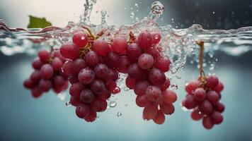 Red Grapes Splashing in Water using a Blurred Background. photo