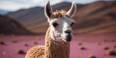 A close-up shot of a llama standing on a bright pink surface. photo