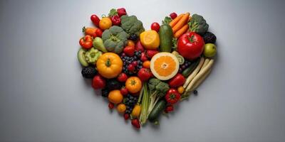 A colorful mix of vegetables and fruits arranged in the shape of a heart. photo