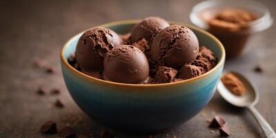 A delicious and rich dessert featuring three scoops of chocolate ice cream served in a bowl. photo