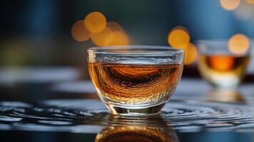 Glass bowl using water creating ripples over a reflective surface. photo