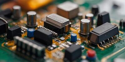 A close-up shot of an electronic circuit board with various components and wires. photo