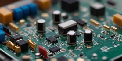 A close-up shot of an electronic circuit board with various components and wires. photo