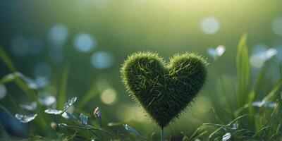 A simple and colorful design featuring a heart shape made of green grass on a bright blue background. photo