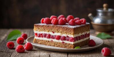 Delicious layered cake with fresh raspberries on rustic wooden table. photo