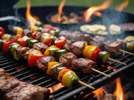 Grilled shashlik with meat and vegetables on barbecue. photo