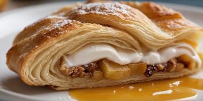 Slice of apple strudel pastry with cream on plate. photo