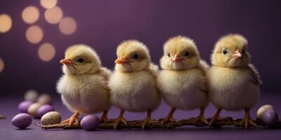 Small Easter chicks in a row on purple studio background with copy space. photo