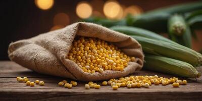Sack of corn kernels on rustic wooden table. photo