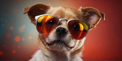Small dog with sunglasses on red studio background. photo