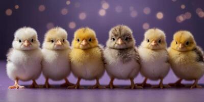 Small Easter chicks in a row on purple studio background with copy space. photo