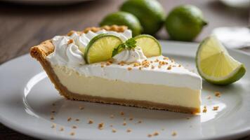 Slice of key lime pie with cream on plate. photo