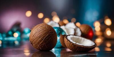 Coconut disco ball with reflection Minimal food and party combination. photo