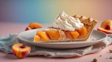 Slice of peach fruit pie with cream on plate in front of pastel background. photo