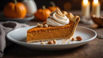 Delicious slice of traditional pumpkin pie with cream on plate. photo