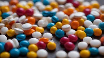 A collection of pills arranged on a table surface. photo