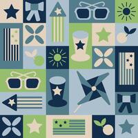 Independence Day seamless pattern in geometric style with traditional items. Season elements in simple geometric shapes, flat style. Good for wrapping, textile, cover vector