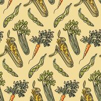 Retro style single line pattern with drawing of organic green and yellow vegetables. Botanical illustration. Vegan food concept on yellow background in boho style vector