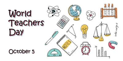 World Teachers day banner with stationary and education elements in minimalistic style. hand drawn illustration in doodle style. Template for background, banner, card, poster with text vector