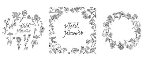 Set of black and white square or round frames in contour doodle style with Wild flowers. Monochrome seasonal botanical wedding invitations isolated on white background vector