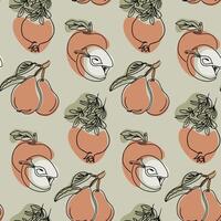 Botanical seamless pattern with contour drawing of organic fruits. Vegan concept drawing son light green background in boho style. Juicy apples, pears and pomegranates vector