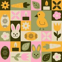 Easter seamless pattern in geometric style with nature elements and flowers. Season holiday items in simple geometric shapes, flat style. Good for wrapping, textile, cover vector