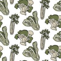 Retro style contour seamless pattern with drawing of organic green vegetables. Botanical drawings. Vegan food concept isolated on white background in boho style vector