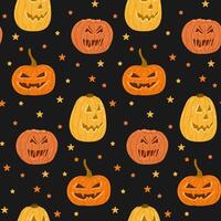 Halloween seamless pattern with cute jack o lantern pumpkins in flat hand drawn style on dark background. Funny textile or wrapping design of characters with different face expressions. vector