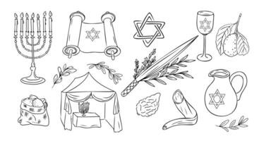 Sukkot holiday doodle set. Monochrome contour stickers with shofar, menorah and bouquet with palm, willow and myrtle branches isolated on white background. Sketchy drawings vector