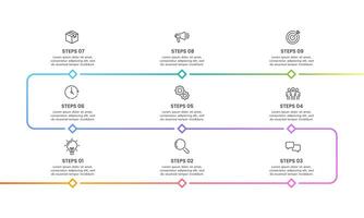 Business infographic timeline design template with 9 steps to success. Business presentation, Report, Milestone, Planning, and Roadmap. vector