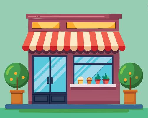 cartoon illustration of a shop window with green background