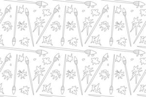 Seamless coloring page featuring paintbrushes and artistic paint splatters. Ideal for back-to-school designs and educational coloring. vector