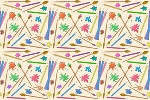 Seamless pattern featuring colored pencils, brushes, and leaves. Perfect for back-to-school designs and creative projects. vector