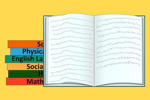 Colorful stack of school books with an open book in the center. Ideal for back-to-school themes, educational materials, and library designs. vector
