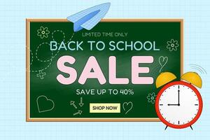 Creative back-to-school sale banner with a blackboard, paper airplane, and clock. Perfect for promotions, ads, and web use. vector