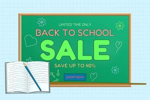 Chalkboard back to school sale banner with handwritten details, an open notebook with a pen, and a teachers pointer. Perfect for promotions. vector