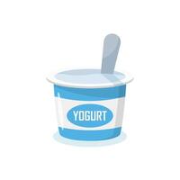 Yogurt container with a spoon icon in flat style. Dairy product background illustration on isolated background. Healthy food sign business concept. vector