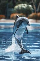 cute and playful dolphins jumping up from swimming pool with blur background photo