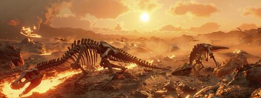 a few dinosaur skeletons laying on the ground, surrounded by ash and lava, a sun is setting in background photo