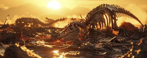a few dinosaur skeletons laying on the ground, surrounded by ash and lava, a sun is setting in background photo