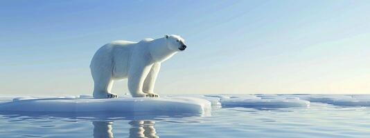 A polar bear standing on top of an ice floe with the ocean behind it and clear blue sky on background photo