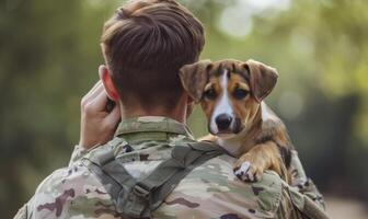 An American soldier holds his dog in shoulder with an american flag and blurred greenery in background photo