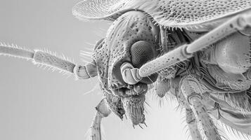 closeup of an electron microscope view of the head and legs of a bed bug on a gray background photo