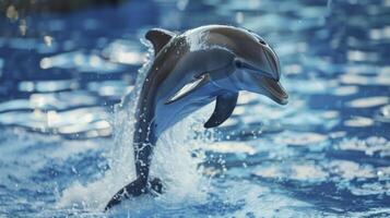 cute and playful dolphins jumping up from swimming pool with blur background photo