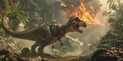 A T Rex standing and roaring in the jungle with erupting volcano background photo