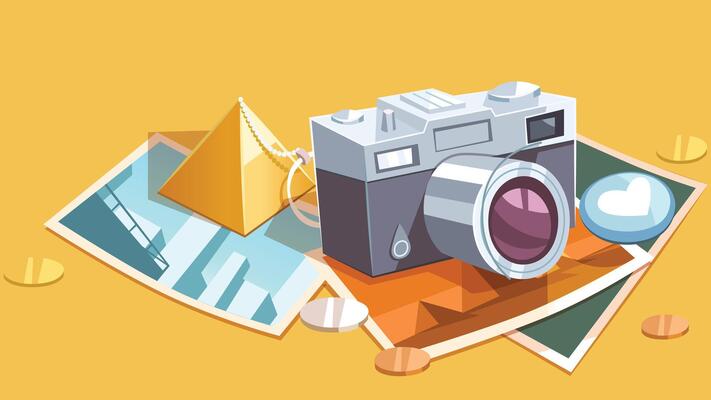 Travel and vacation camera and photos concept illustration