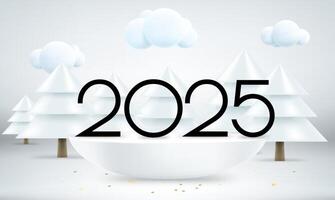 Happy new 2025 year greeting card. Composition with digits, podium and pines with snow. 3d banner vector