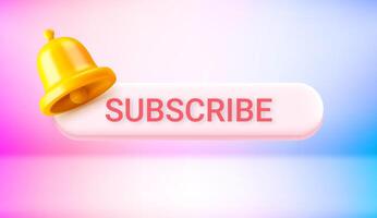 Subscribe in modern social media platform concept with button and notification bell. 3d style illustration vector